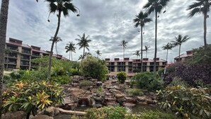 A landscaped garden with a water feature, palm trees, and a building with multiple balconies in the background.