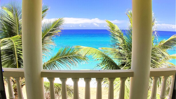 A balcony with a view of the ocean and palm trees. - On Ocean&Sandy Beach-Private access to beach! Air conditioned. Standby Generator (Rincon)