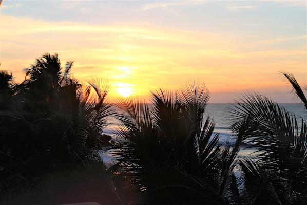 On the beach, sun loungers, beach towels