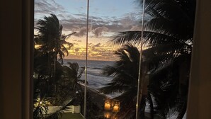 A view through a window of a room with a curved corner, a balcony, and a palm tree outside. - On Ocean&Sandy Beach-Private access to beach! Air conditioned. Standby Generator (Rincon)