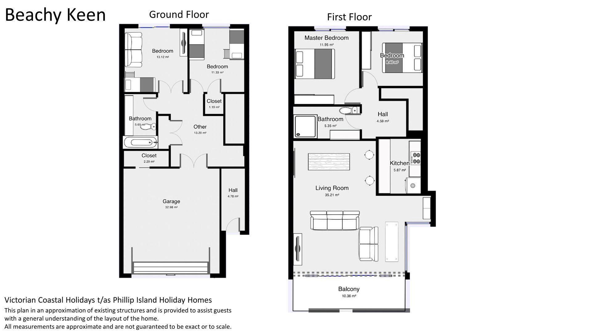 A floor plan of a two-story house with a garage, two bedrooms, a master bedroom, a living room, a kitchen, a bathroom, a closet, and a balcony.