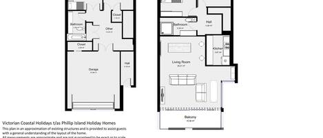 A floor plan of a two-story house with a garage, two bedrooms, a master bedroom, a living room, a kitchen, a bathroom, a closet, and a balcony.