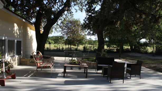 An outdoor patio with a table and chairs, surrounded by large trees and a building. - Beautiful hill country peace. (Blanco)