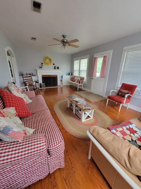 Televisión, chimenea, reproductor de DVD y libros 