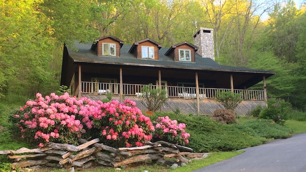 A cabin with a porch, surrounded by lush greenery and pink flowers.