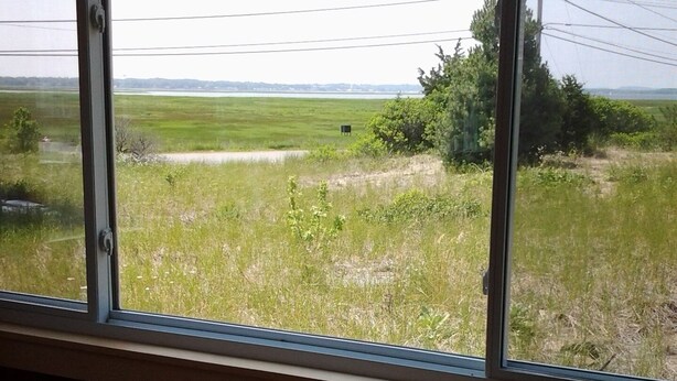 A window with a view of a grassy field and a distant structure.