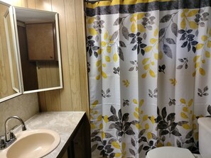 A bathroom with a wooden vanity, a sink, a mirror, and a shower curtain with a leaf pattern. - Stunning View of Lake Cumberland Within 1/8 Mile of Public Boat Ramp! (Nancy)