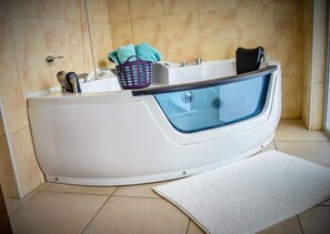 Combined shower/tub, hair dryer, towels