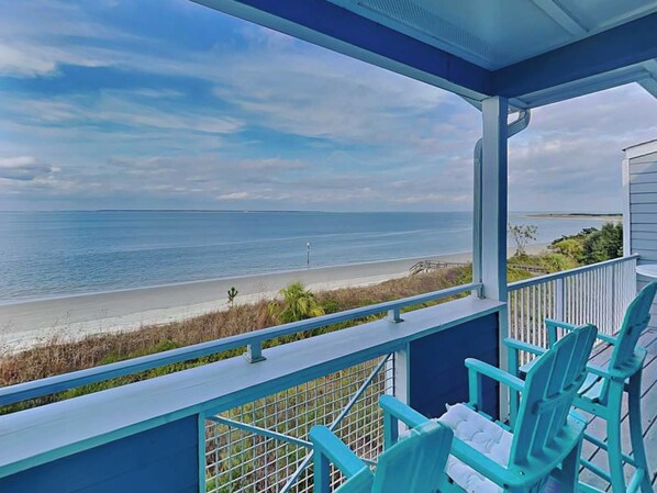 A balcony with a view of the beach and ocean. - Bay View Villas 307 | Oceanfront Condo, Resort Pool (Tybee Island)
