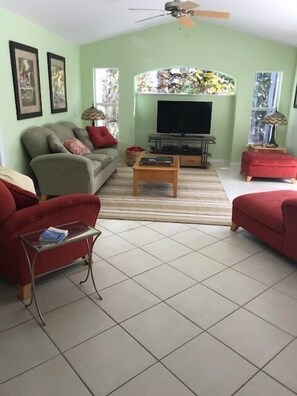 Een televisie, boeken en een stereo