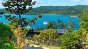 A pool surrounded by tropical vegetation, overlooking a large body of water with a boat visible. - Cooinda Gardens 1, Beautiful Apartment on Hamilton Island (Hamilton Island)