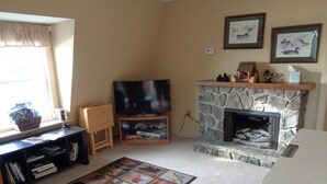 A living room with a stone fireplace, a television on a stand, a bookshelf, and a window with curtains. -  Rest and relax- great view of Hemlock hills and surrounding area.  (Hemlock)