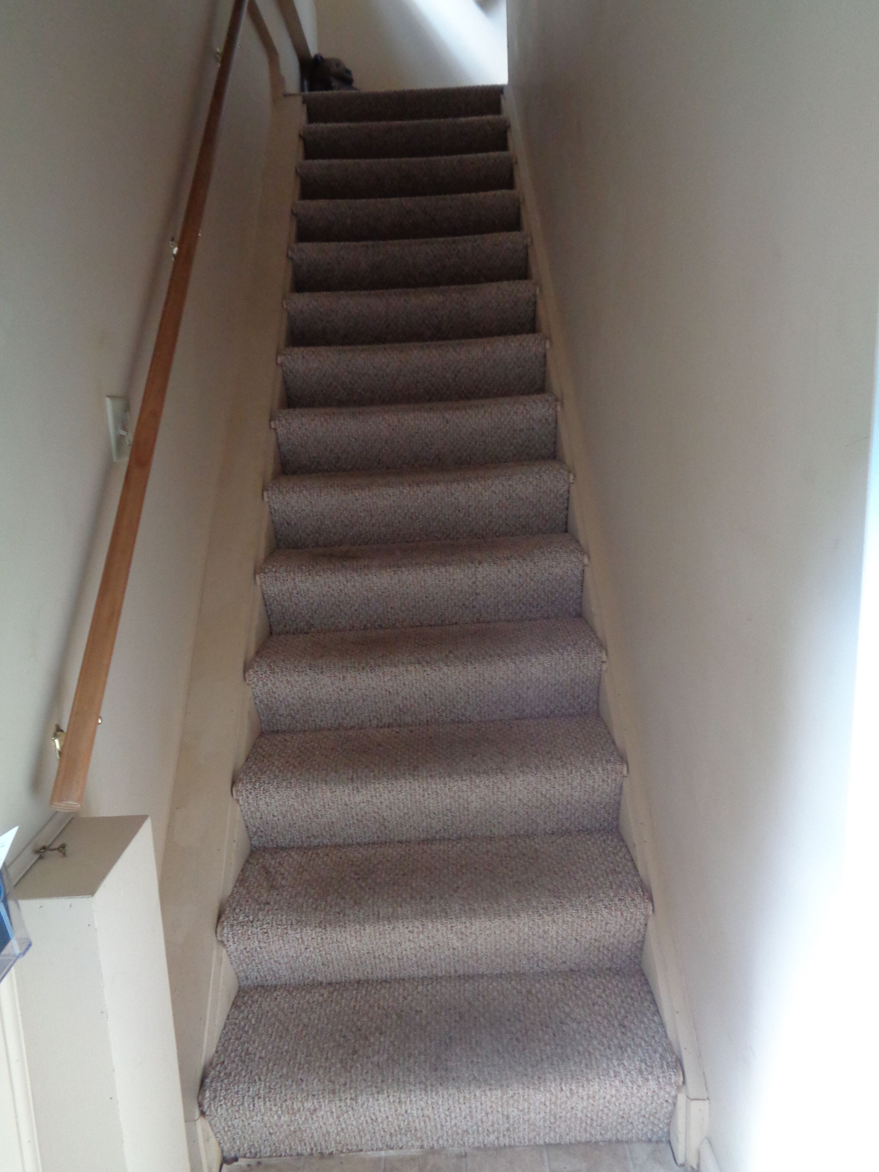 A carpeted staircase with a wooden handrail and a light switch on the wall.