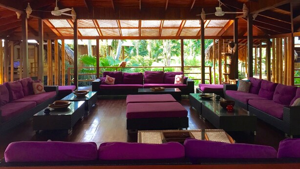 A spacious indoor area with a high ceiling and natural light from large windows. There are multiple seating areas with purple cushions and tables. - Las Casas Costa Rica a private lodge in the Caribbean jungle (Cocles)