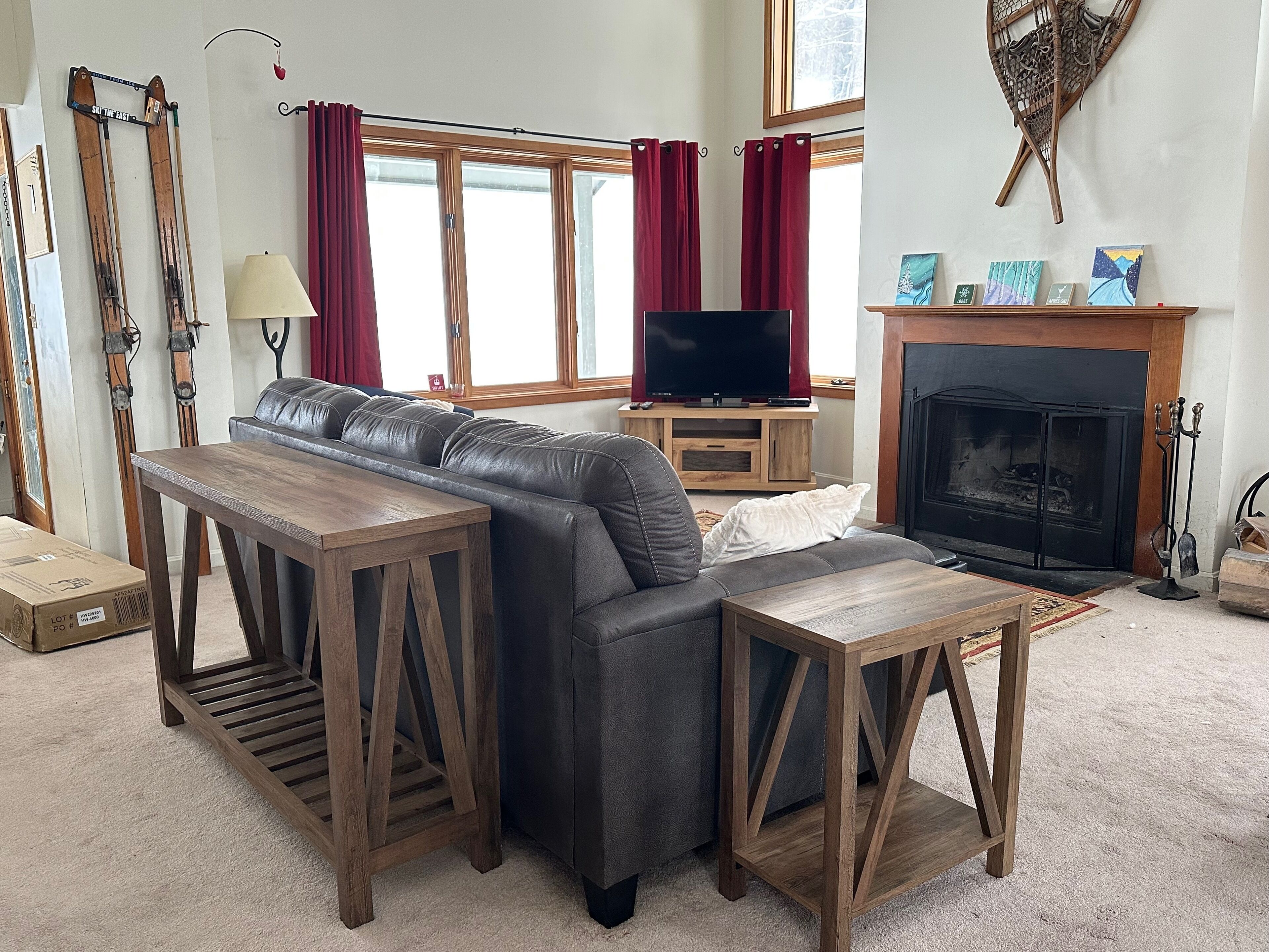 TV, fireplace, video library