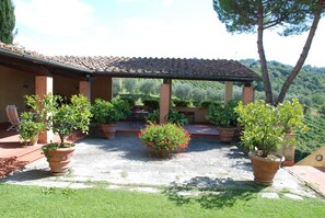 Un patio abrité, agrémenté de plantes en pot et offrant une vue sur un paysage vallonné.