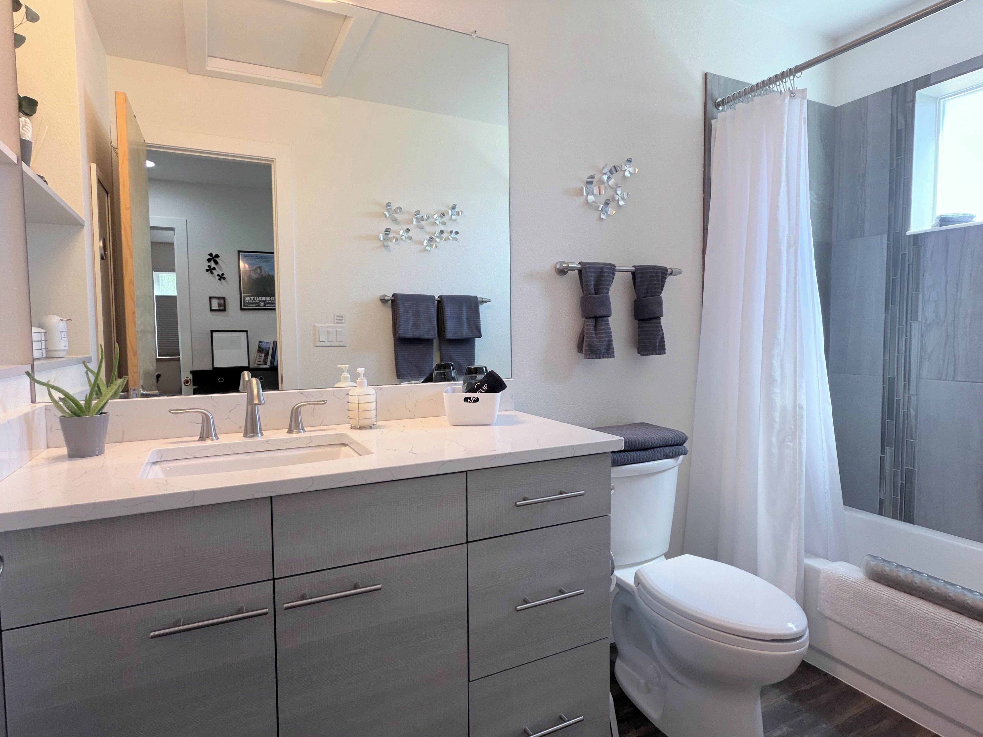 Combined shower/tub, hair dryer, towels, soap