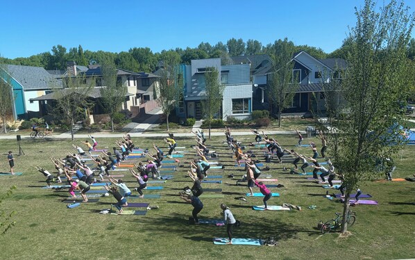 Un groupe de personnes pratiquant le yoga sur des tapis dans un espace herbeux en plein air, avec des maisons en arrière-plan.