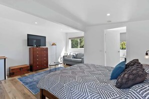 A modern bedroom with a bed, a television, a wardrobe, and a sofa.