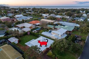 An aerial view of a residential area with houses, green lawns, and a prominent red cat sculpture on a roof.