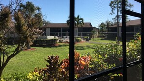 A view through a window of a building with a lawn, palm trees, and a clear sky. - Cozy and Charming Condo in Naples (Naples)