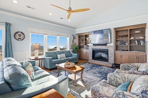 LCD TV, fireplace, DVD player
