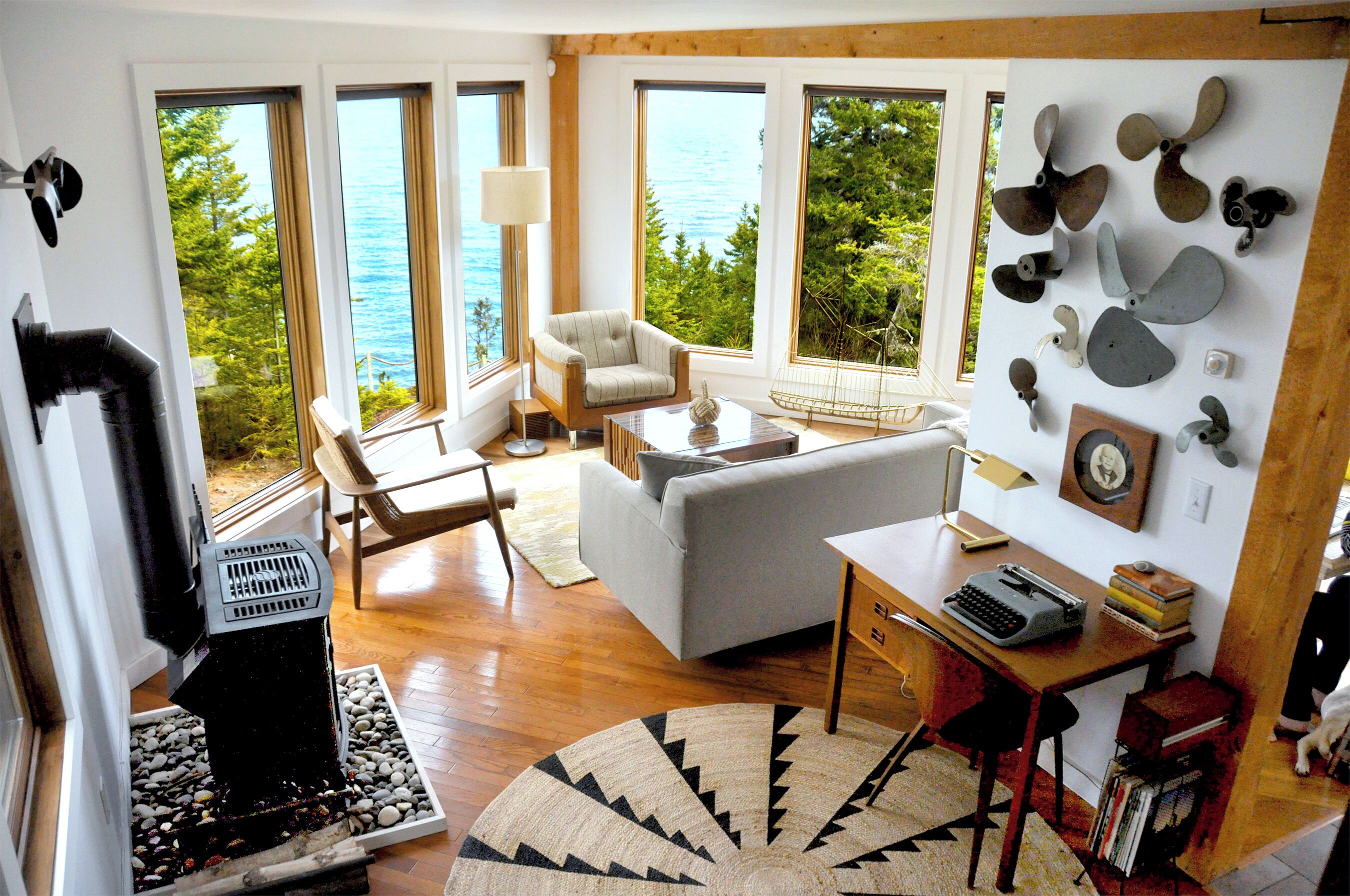 Fireplace, books, music library, video library