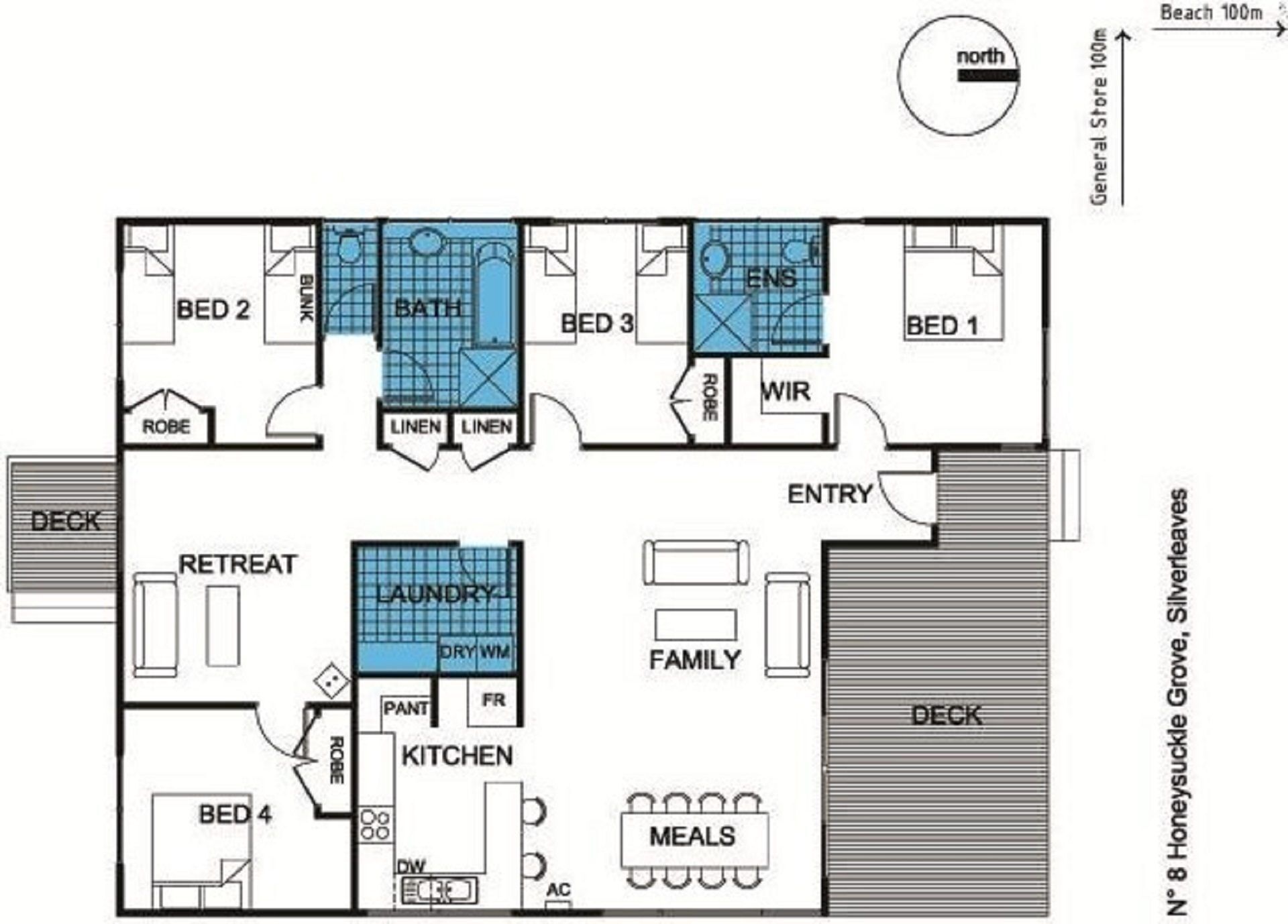 A hotel floor plan with four bedrooms, a kitchen, a dining area, a laundry room, a balcony, and a deck.
