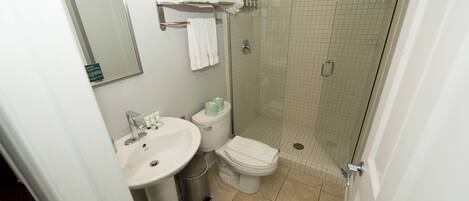 A bathroom with a sink, toilet, and glass-enclosed shower.