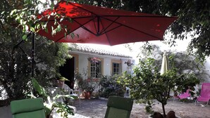 Eine Terrasse mit Tisch und Stühlen, einem roten Sonnenschirm und Kübelpflanzen.