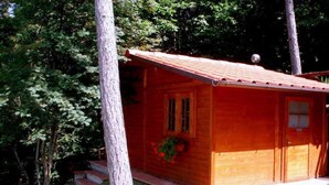 Eine kleine Holzhütte mit rotem Dach, einer Haustür und einem Fenster.