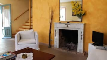 Een televisie, een open haard, boeken en een muziekbibliotheek