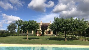 Vista a la piscina de una casa con césped cuidado, cielo azul despejado y un gran árbol en primer plano.