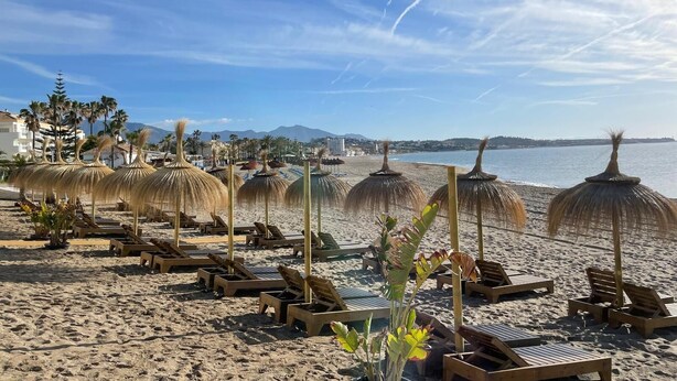 A beach with rows of sun loungers and thatched umbrellas, a clear sky, and a calm sea.