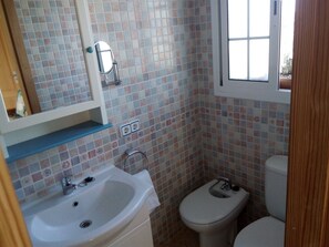 Bathtub, hair dryer, bidet, towels