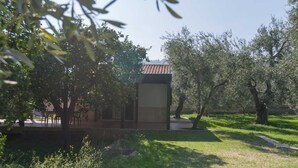 A small building with a tiled roof, surrounded by trees and grass.