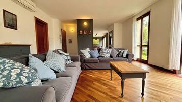 Televisión, chimenea, mesa de ping pong, libros