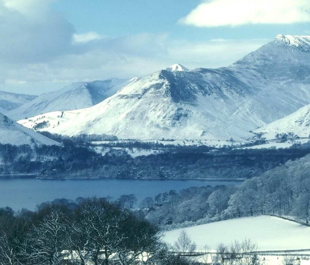 A mountainous landscape with a lake and snow-covered trees.