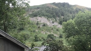 A patio with a table and chairs, a wooden shed, and a view of a hillside with trees. - Cosy, romantic fellside cottage hidden in the Glencoyne valley (Glenridding)