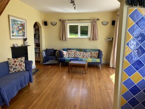 Fernseher, Kamin, DVD-Player, Bücher