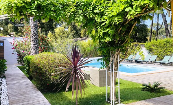 A pool area with a wooden deck, green lawn, and a pergola with climbing plants.