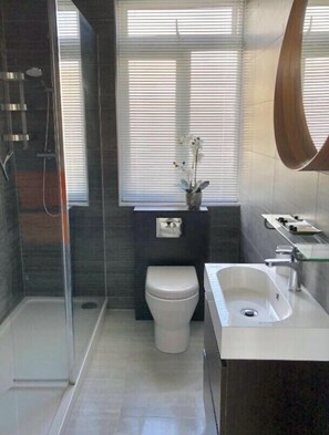 Shower, hair dryer, towels, toilet paper