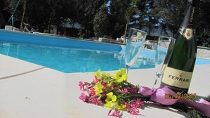 A bottle of Ferrari Brut wine, a glass, and a bouquet of flowers on a table by a pool. - Wunderbar, Wonderful villa with pool heated (Caucana-finaiti-casuzze-finaiti Nord)