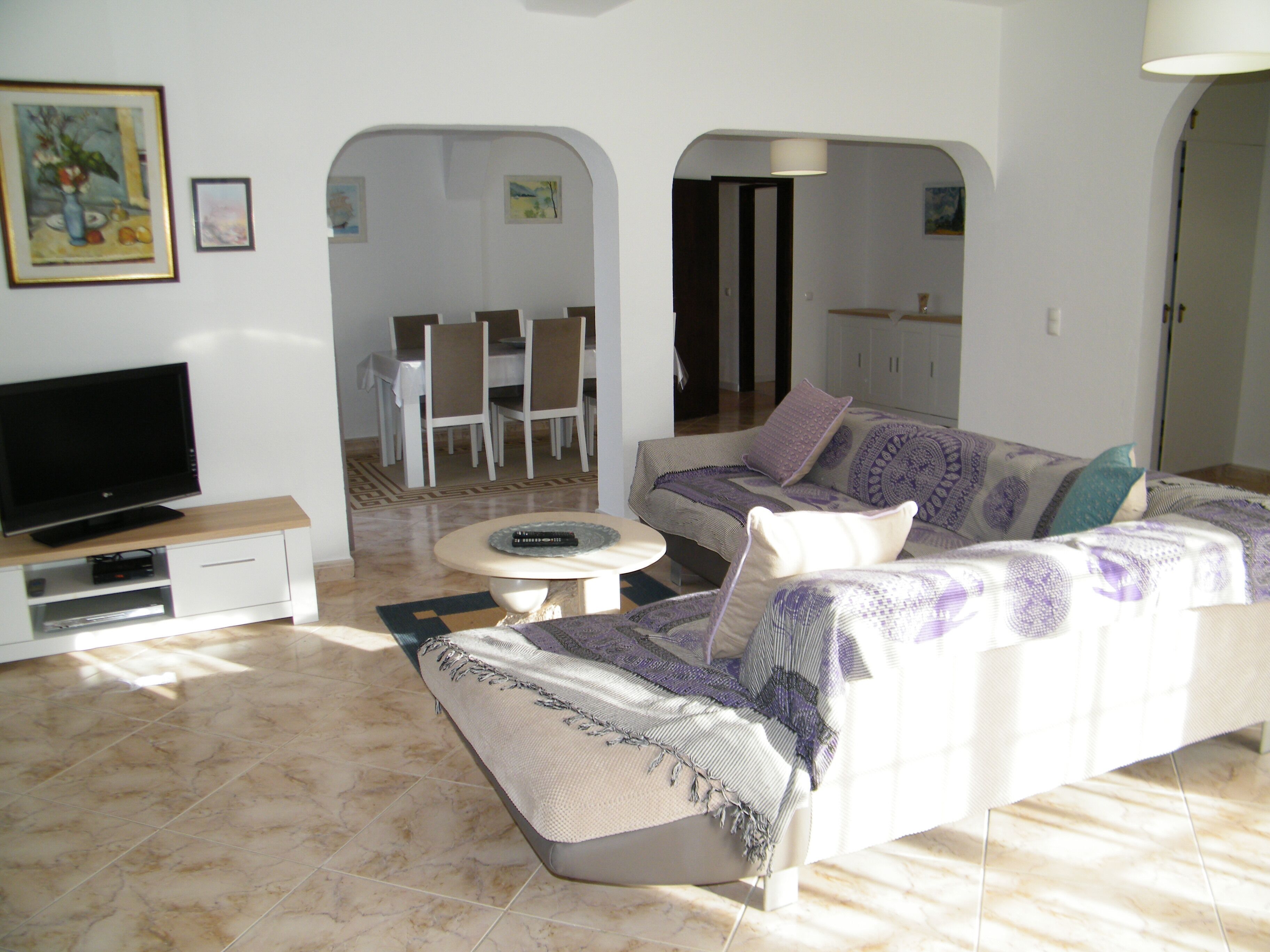 A living room with a sofa, TV, and a dining area with chairs and a table.