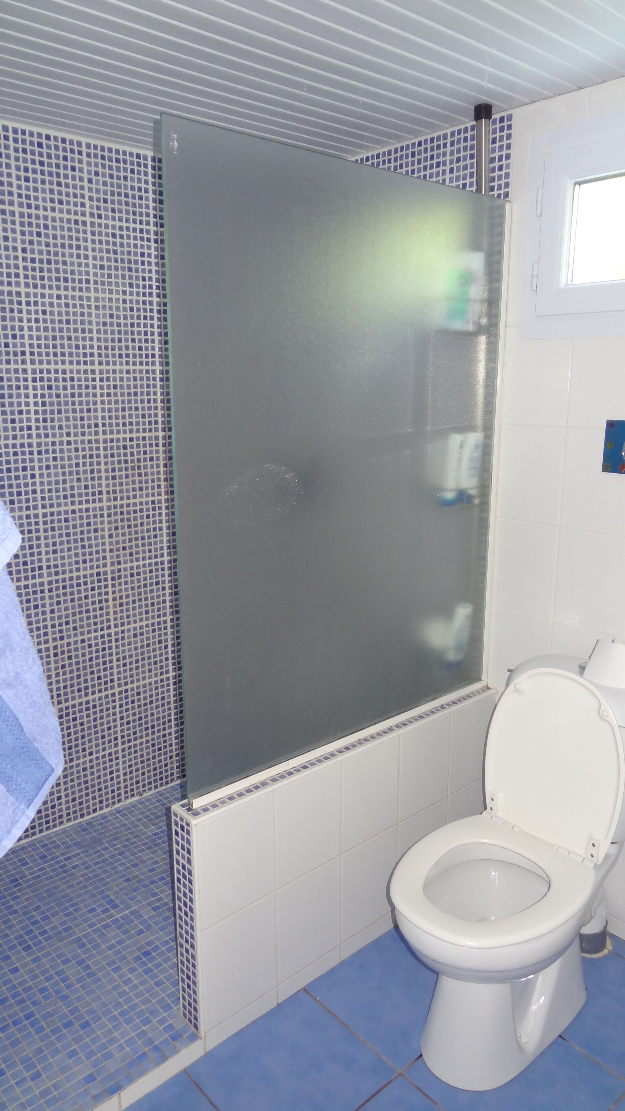 A bathroom with a toilet, a shower enclosure, and tiled walls.