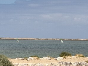 Experience the tranquility of a serene coastal setting with sailboats on calm waters and a picturesque shoreline.