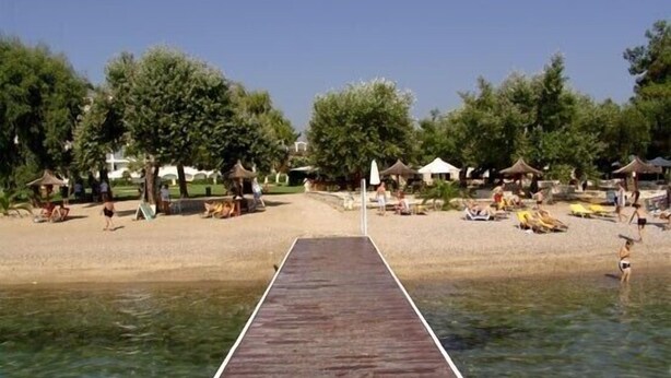 Un muelle de madera que lleva a una playa con aguas cristalinas, rodeado de árboles y cabañas.
