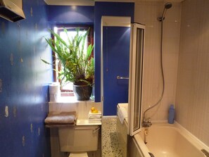 Combined shower/tub, hair dryer, towels