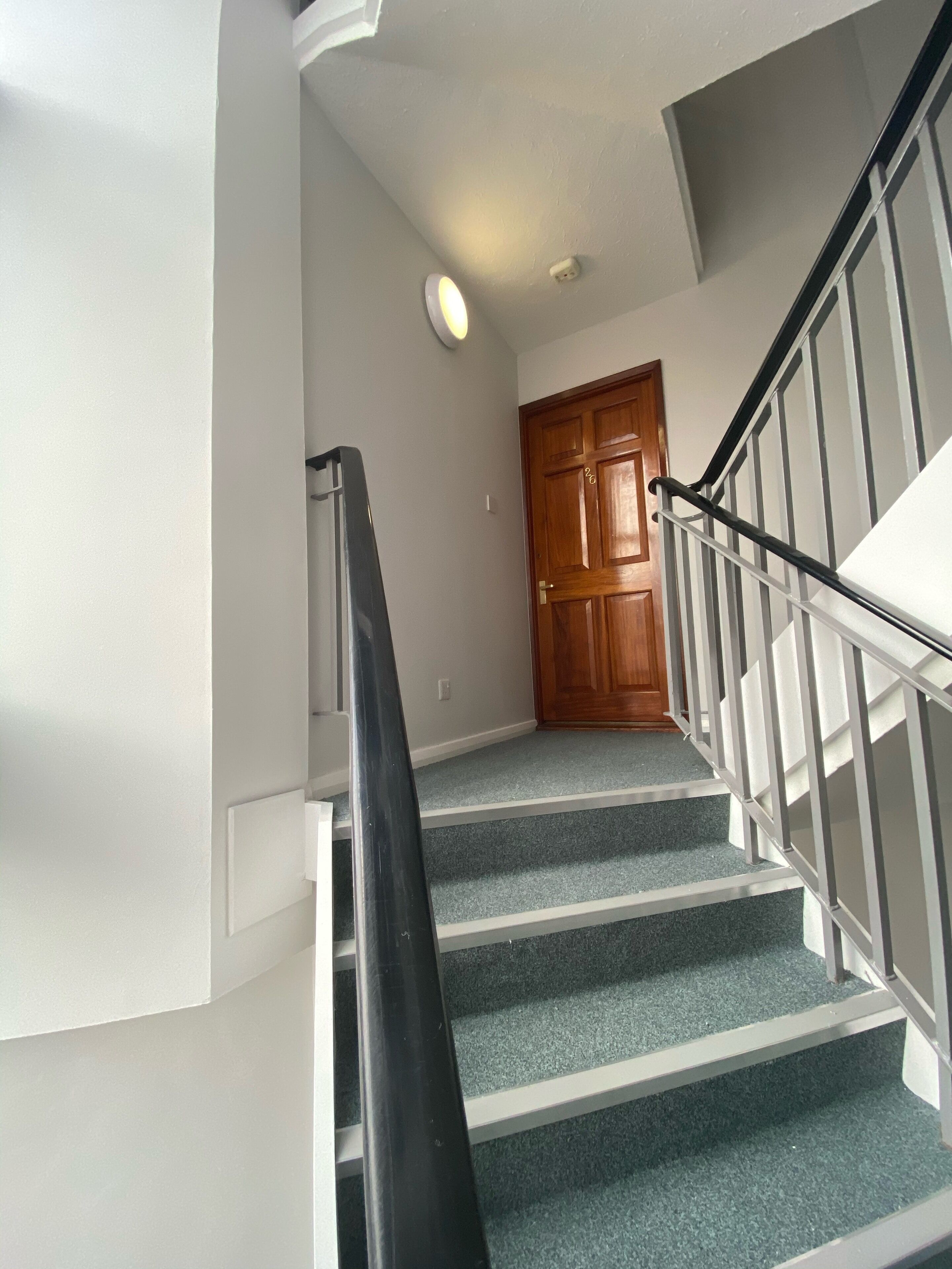 Una escalera con barandilla, peldaños alfombrados y una puerta de madera en la parte superior.