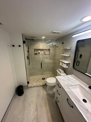 Bathtub, hair dryer, towels, soap